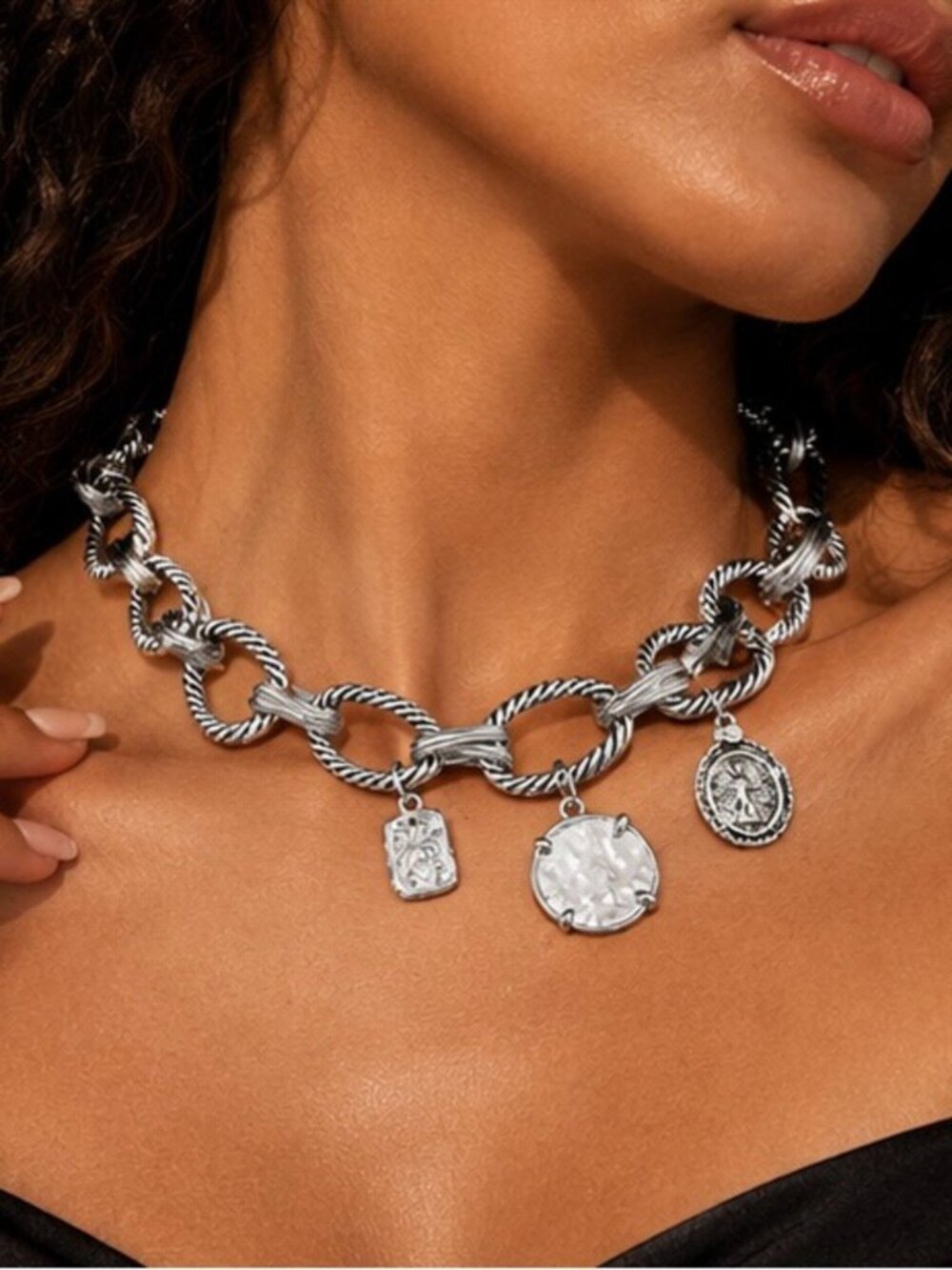 Modern Silver Coin Charm Chain Necklace